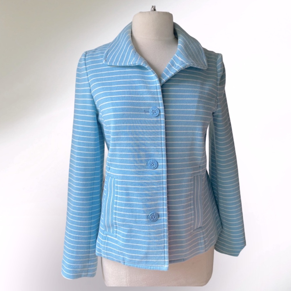 Talbots Blue White Stripe Lightweight Woven Stretch Blazer Jacket size Small